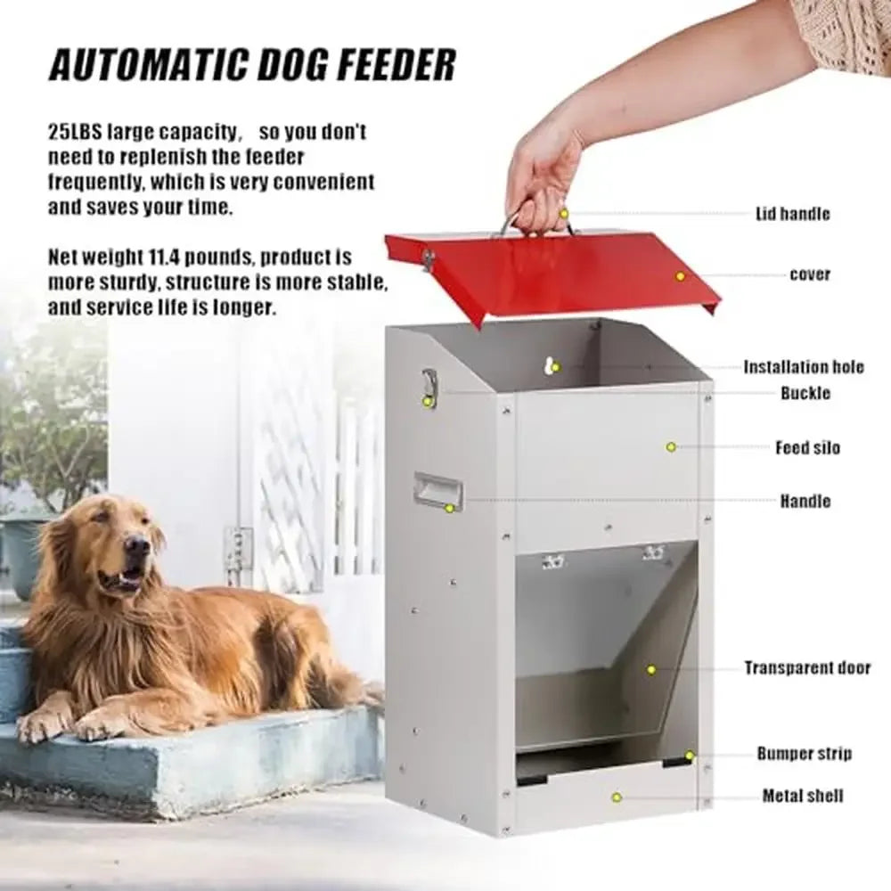 Large Breed Dog Food Dispenser Gravity Feeder 25lbs Galvanized Steel Automatic Pet Feeder Outdoor Wall Mount Easy Move